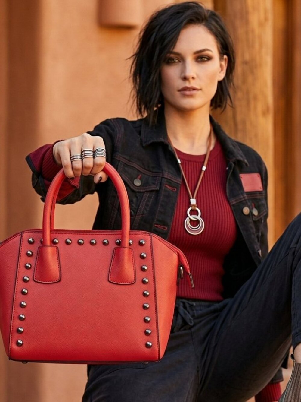 Edgy Red Studded Satchel